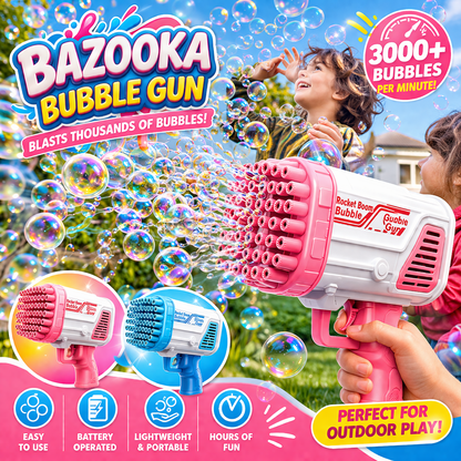 Pink bubble gun with colorful text and graphics on a blue background
