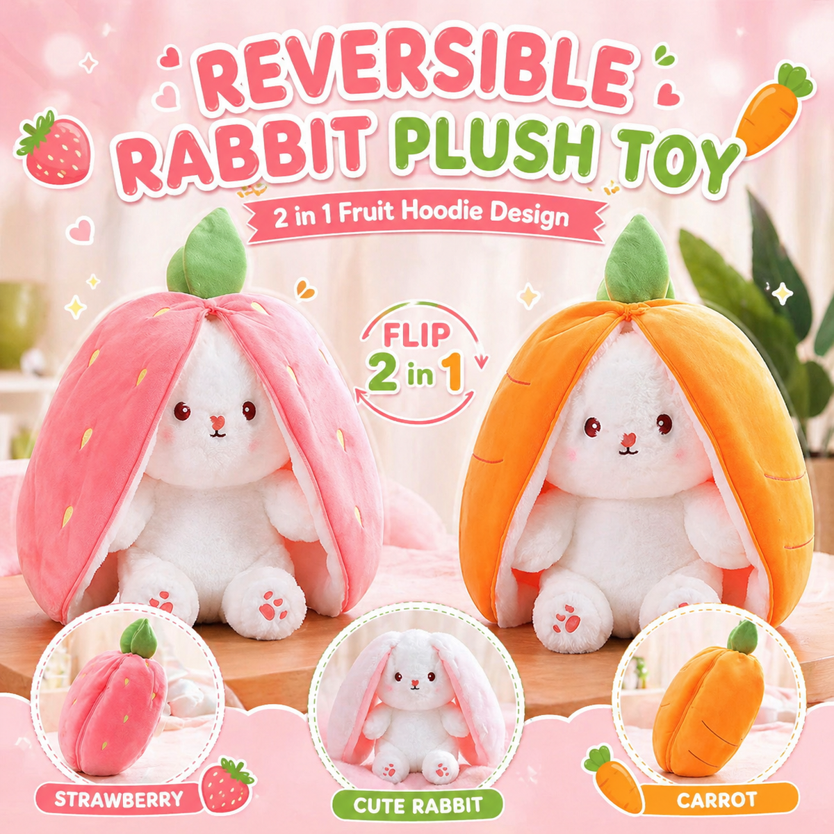 Reversible Rabbit Plush Toy – 2-in-1 Bunny Soft Stuffed Toy for Kids