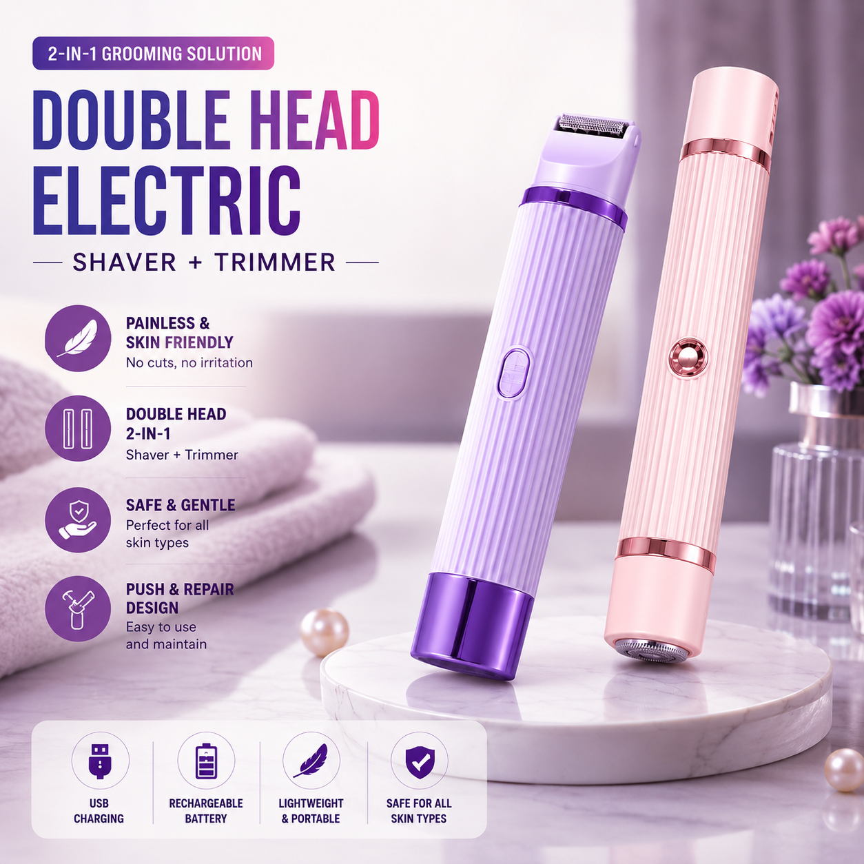 2-in-1 Electric Shaver & Trimmer for Women | Rechargeable Hair Remover