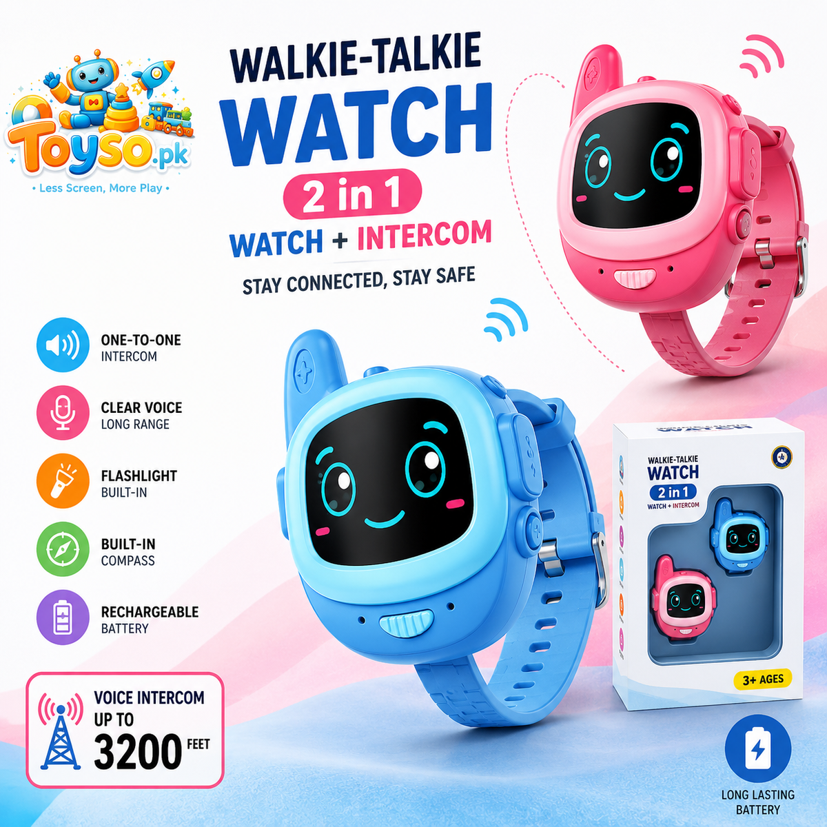 2-in-1 Kids Walkie Talkie Watch with Intercom, Flashlight & Compass