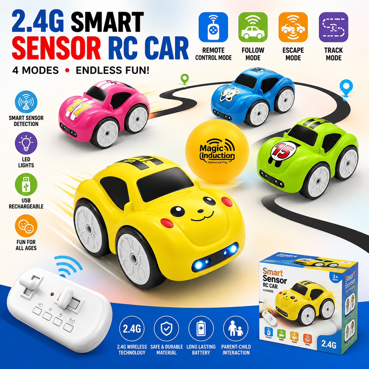 Smart Sensor RC Car – Follow, Escape & Track Mode Toy Car