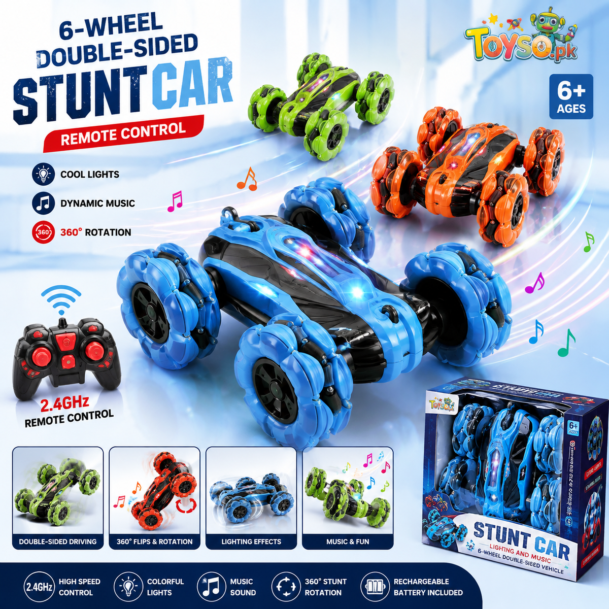 Remote Control 6-Wheel Stunt Car with Lights & Music | Double-Sided RC Car with Battery