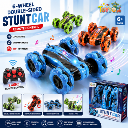 Remote Control 6-Wheel Stunt Car with Lights & Music | Double-Sided RC Car with Battery