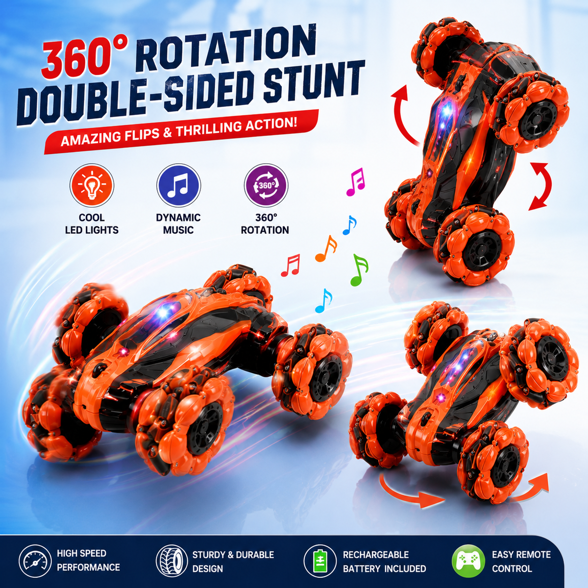 Remote Control 6-Wheel Stunt Car with Lights & Music | Double-Sided RC Car with Battery