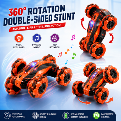 Remote Control 6-Wheel Stunt Car with Lights & Music | Double-Sided RC Car with Battery