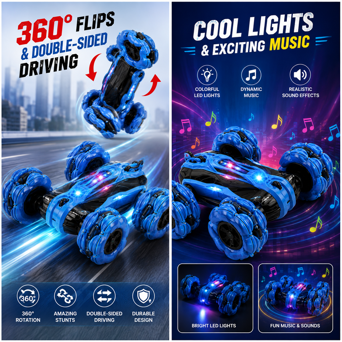 Remote Control 6-Wheel Stunt Car with Lights & Music | Double-Sided RC Car with Battery