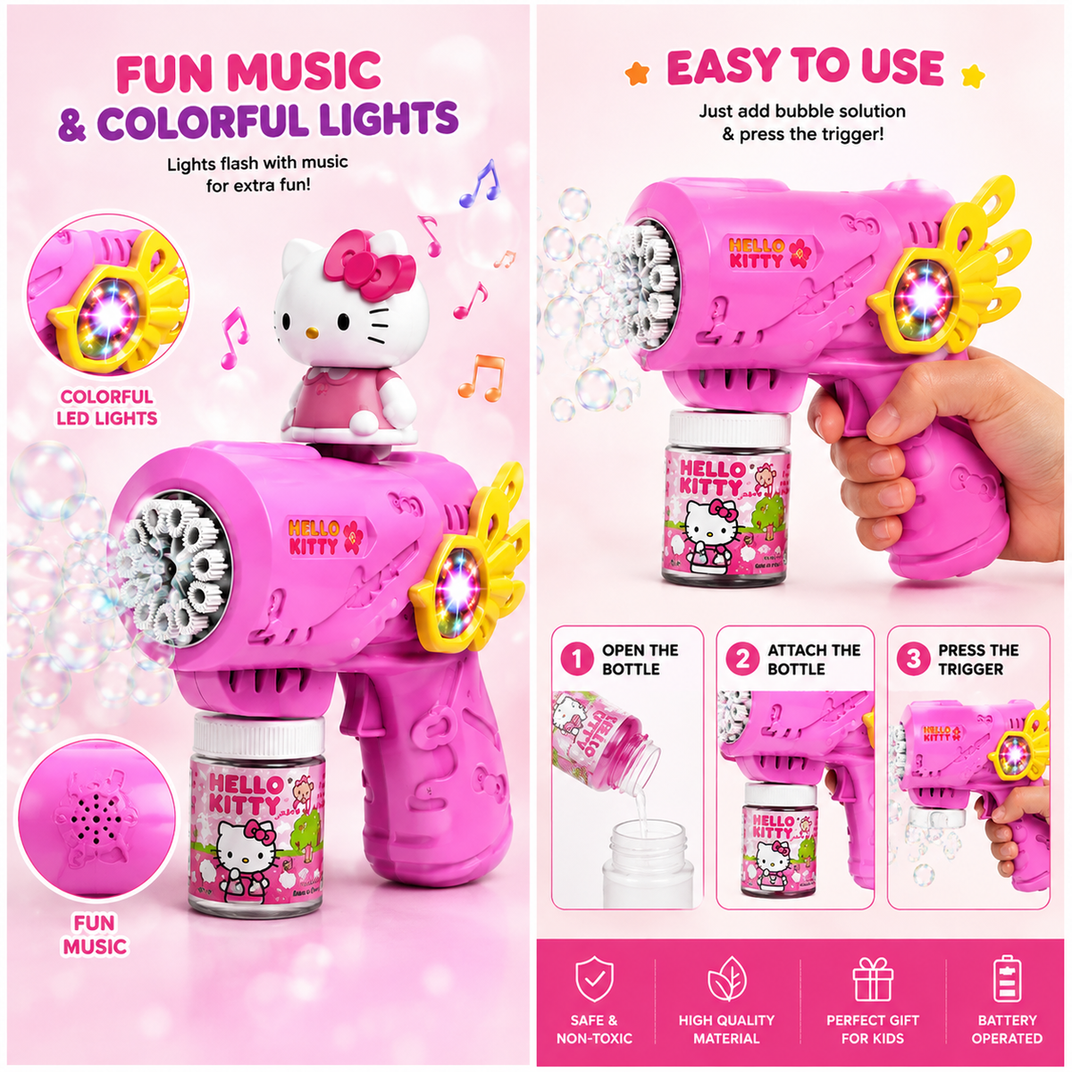 Hello Kitty Bubble Gun with Electric Lights | Automatic Bubble Blower Toy for Kids