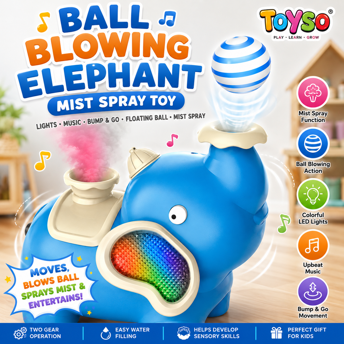 Musical Elephant Mist Spray Toy | Moving Bump & Go Toy with Lights, Music & Floating Ball