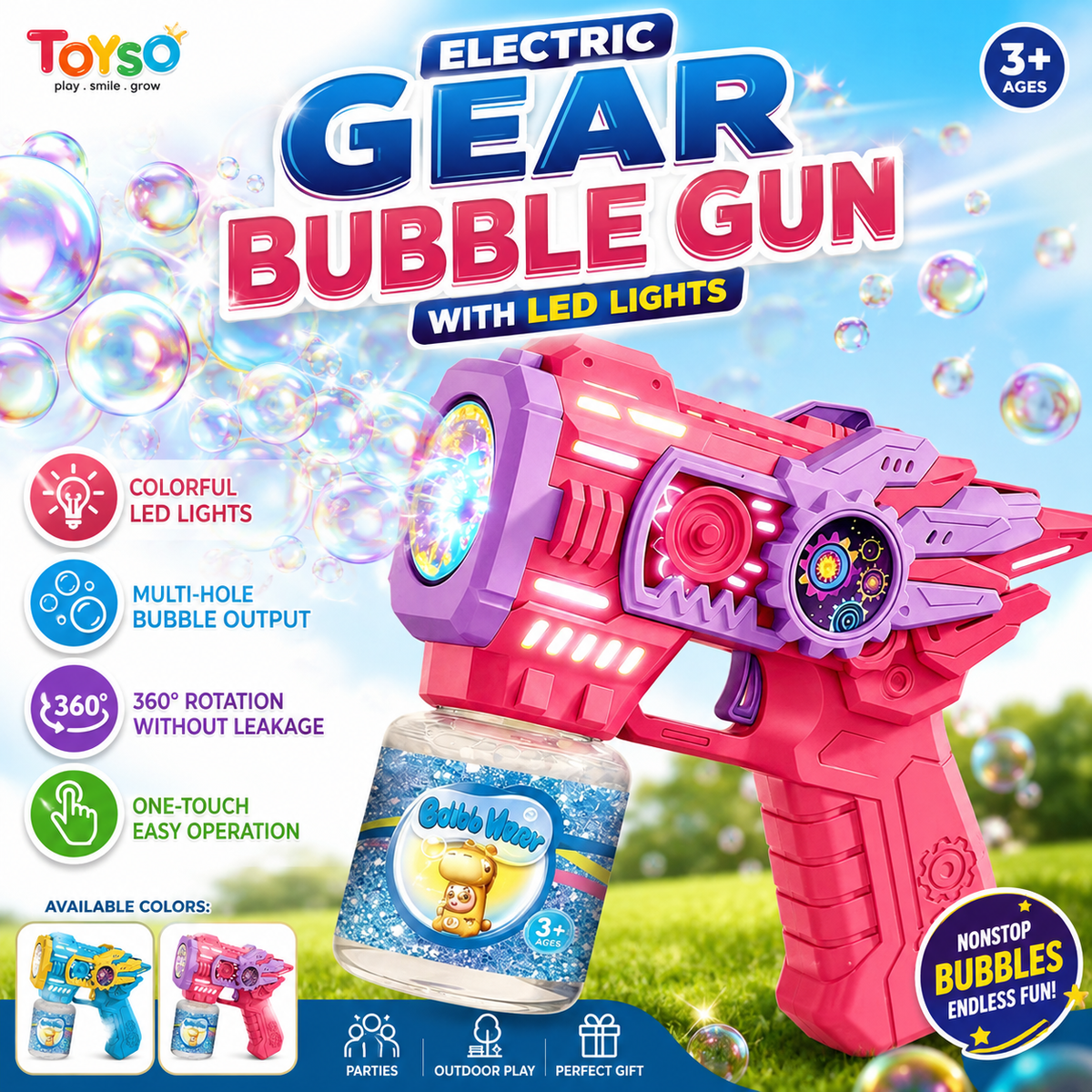 Electric Gear Bubble Gun with LED Lights – Automatic Bubble Blower Toy for Kids