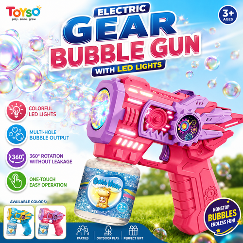 Electric Gear Bubble Gun with LED Lights – Automatic Bubble Blower Toy for Kids