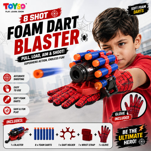Spiderman Style 8-Shot Foam Dart Blaster Toy Gun with Gloves – Soft Bullet Shooting Toy for Kids