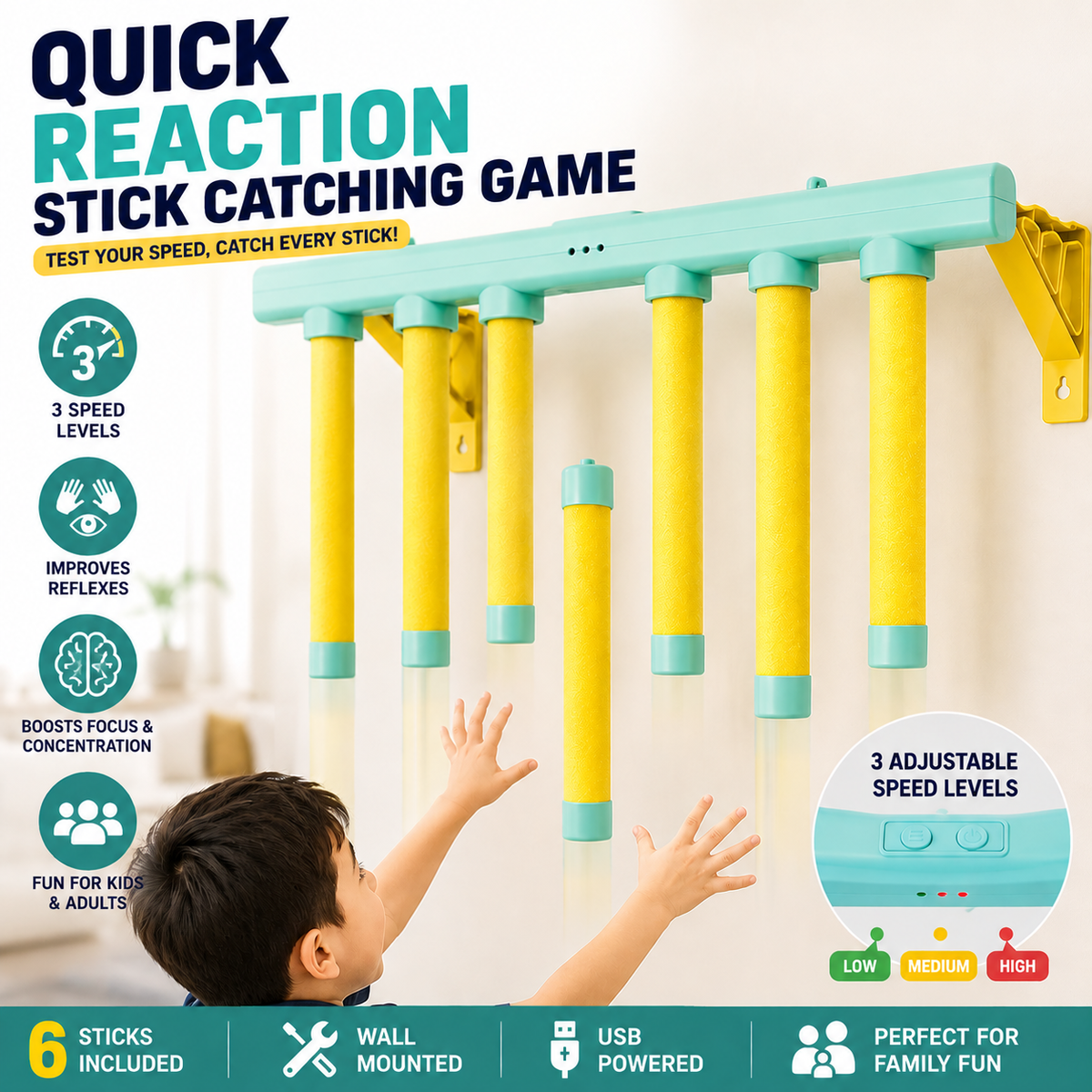 Wall Mounted Quick Reaction Stick Catching Game | 3-Speed Reflex Training Toy