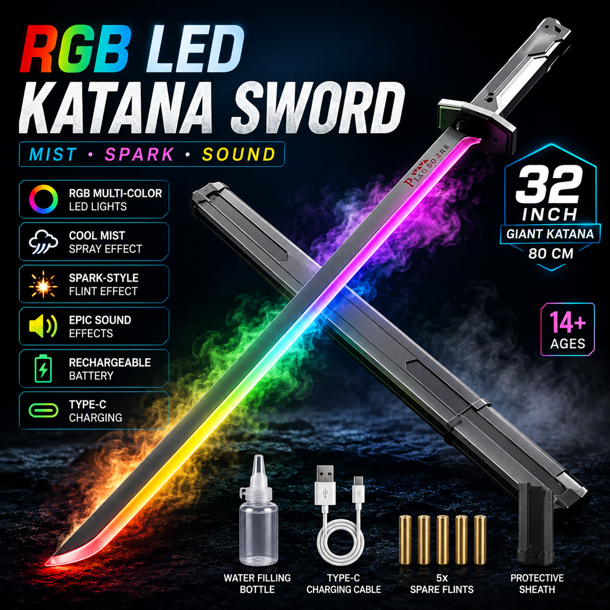 RGB LED Light Up Katana Sword with Mist Spray & Spark Effect