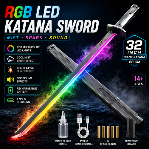 RGB LED Light Up Katana Sword with Mist Spray & Spark Effect