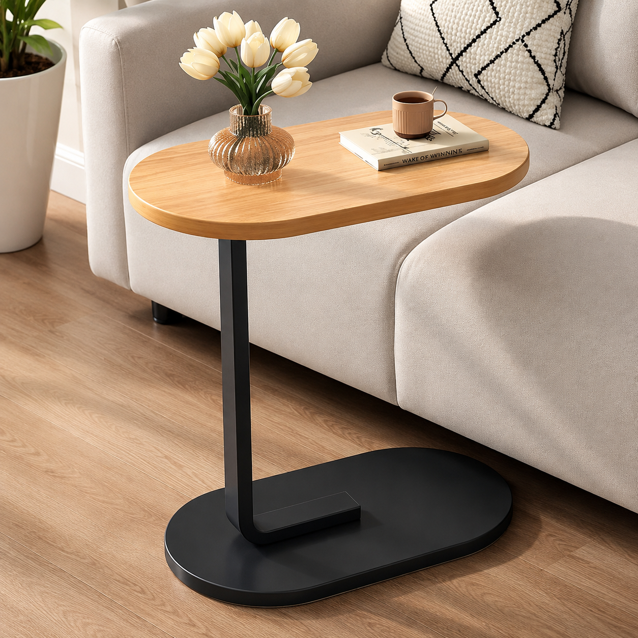 C-Shaped Sofa Side Table | C-Shaped Wooden Top Laptop & Bedside Table