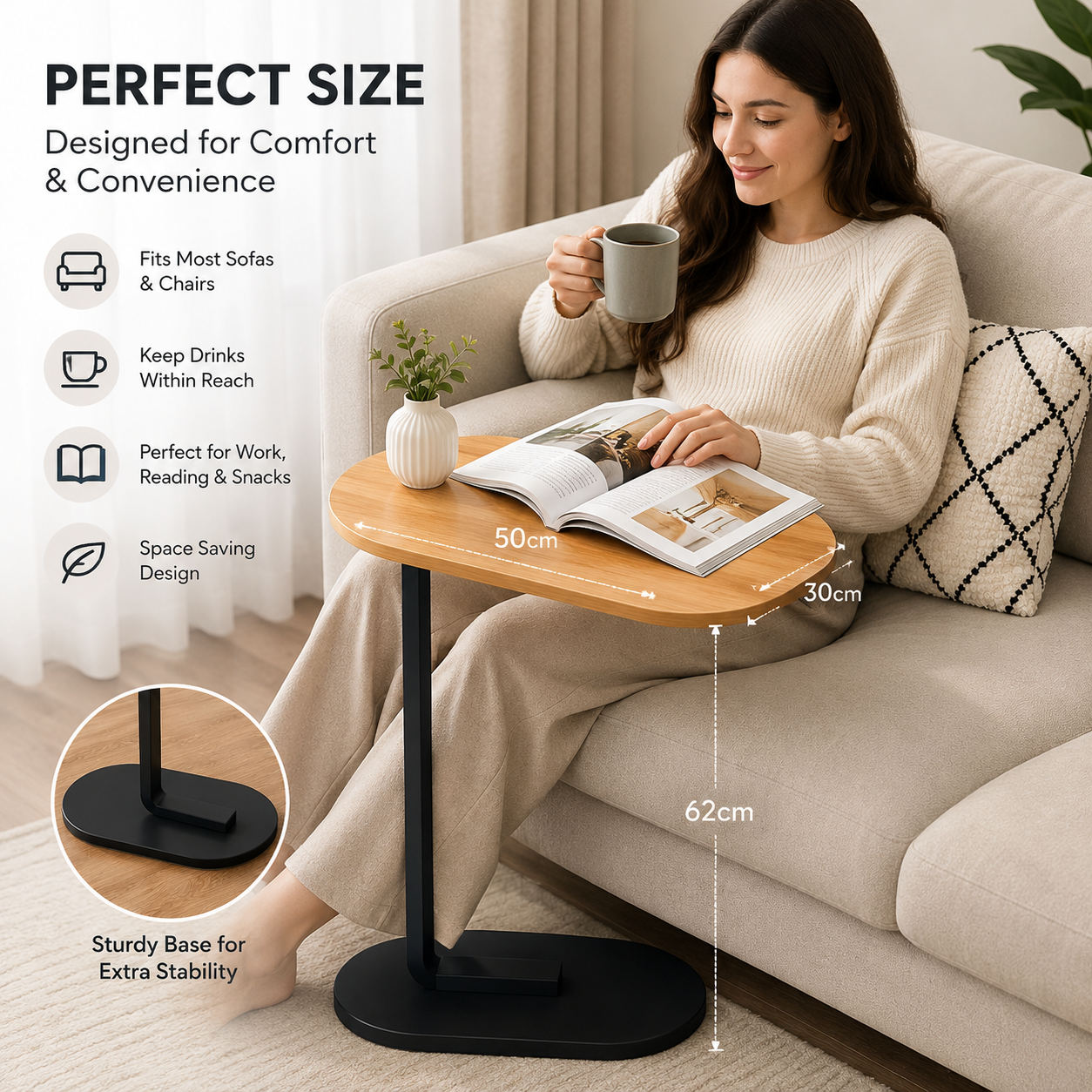 C-Shaped Sofa Side Table | C-Shaped Wooden Top Laptop & Bedside Table