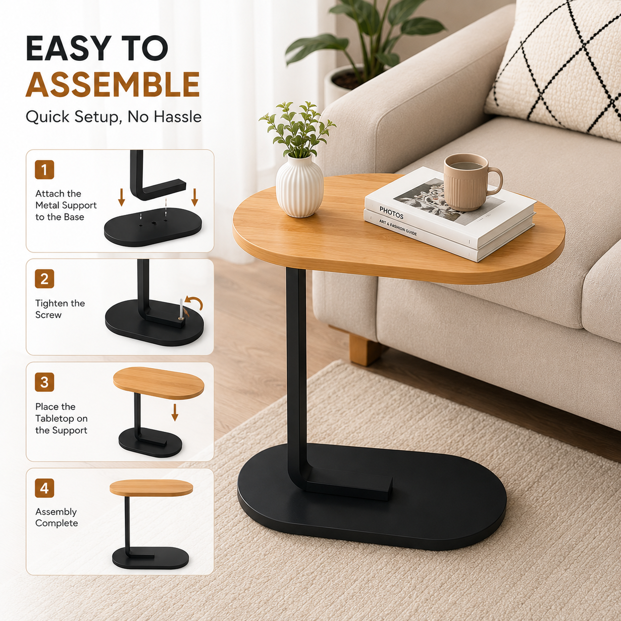 C-Shaped Sofa Side Table | C-Shaped Wooden Top Laptop & Bedside Table