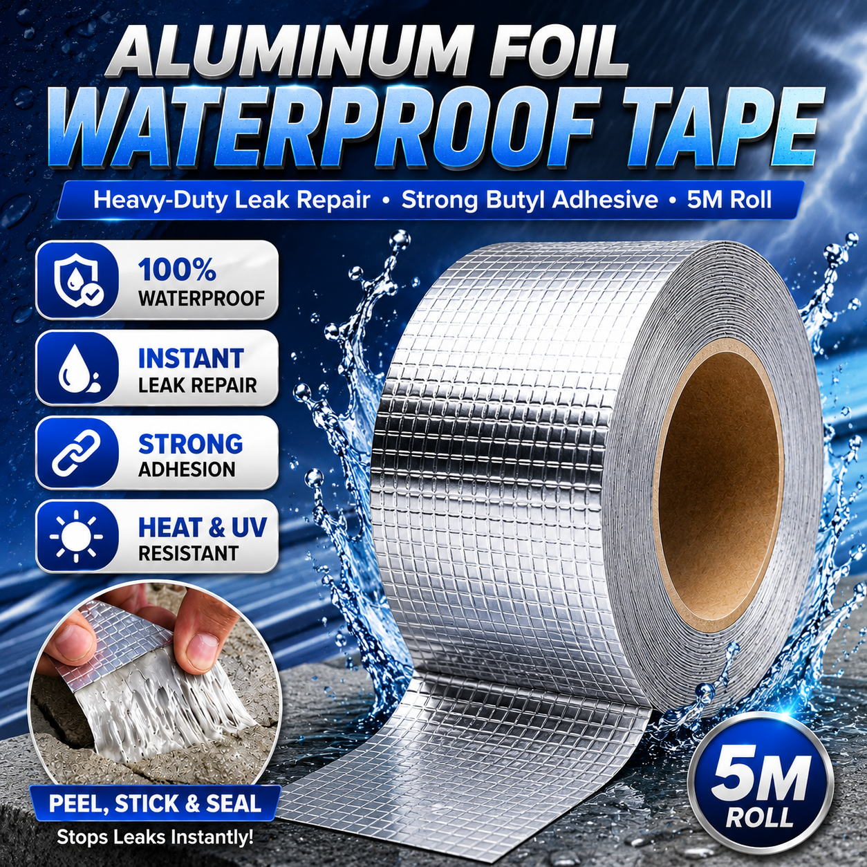 Waterproof Leak Repair Tape 5M | Roof, Pipe & Crack Repair Aluminum Foil Tape