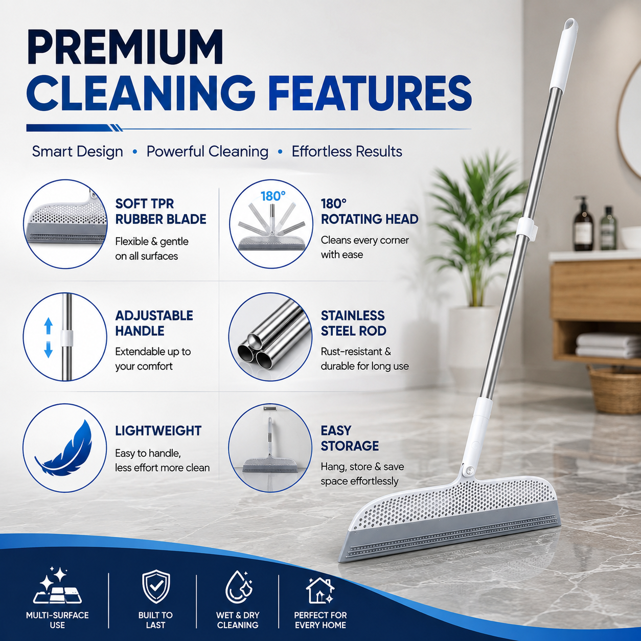 2-in-1 Rubber Floor Squeegee Broom with Extendable Handle – Wet & Dry Multi-Surface Cleaner