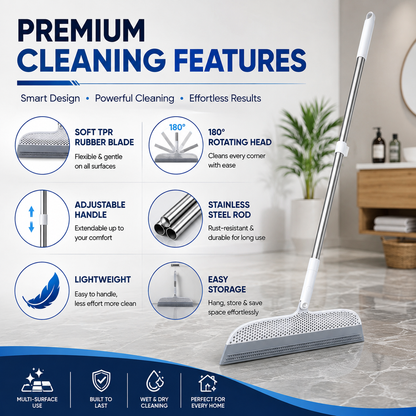2-in-1 Rubber Floor Squeegee Broom with Extendable Handle – Wet & Dry Multi-Surface Cleaner
