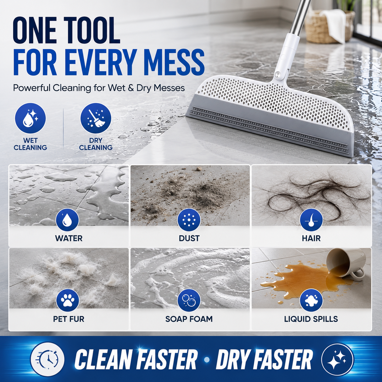 2-in-1 Rubber Floor Squeegee Broom with Extendable Handle – Wet & Dry Multi-Surface Cleaner