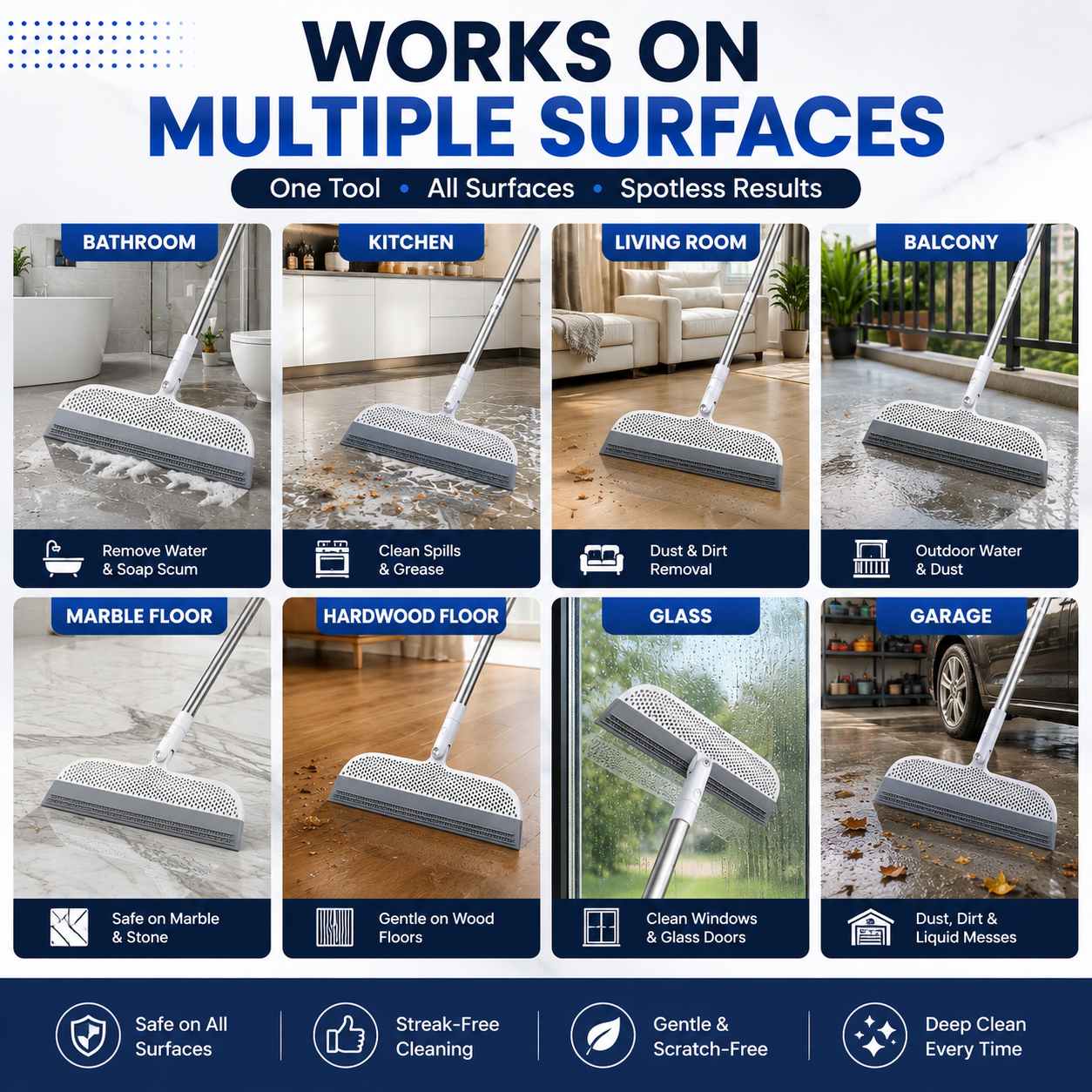2-in-1 Rubber Floor Squeegee Broom with Extendable Handle – Wet & Dry Multi-Surface Cleaner