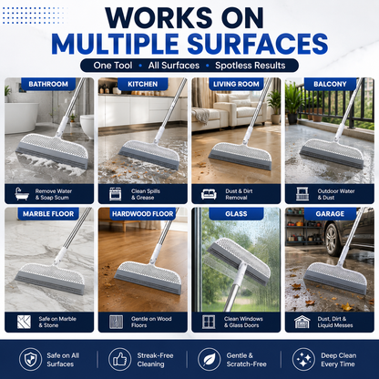 2-in-1 Rubber Floor Squeegee Broom with Extendable Handle – Wet & Dry Multi-Surface Cleaner