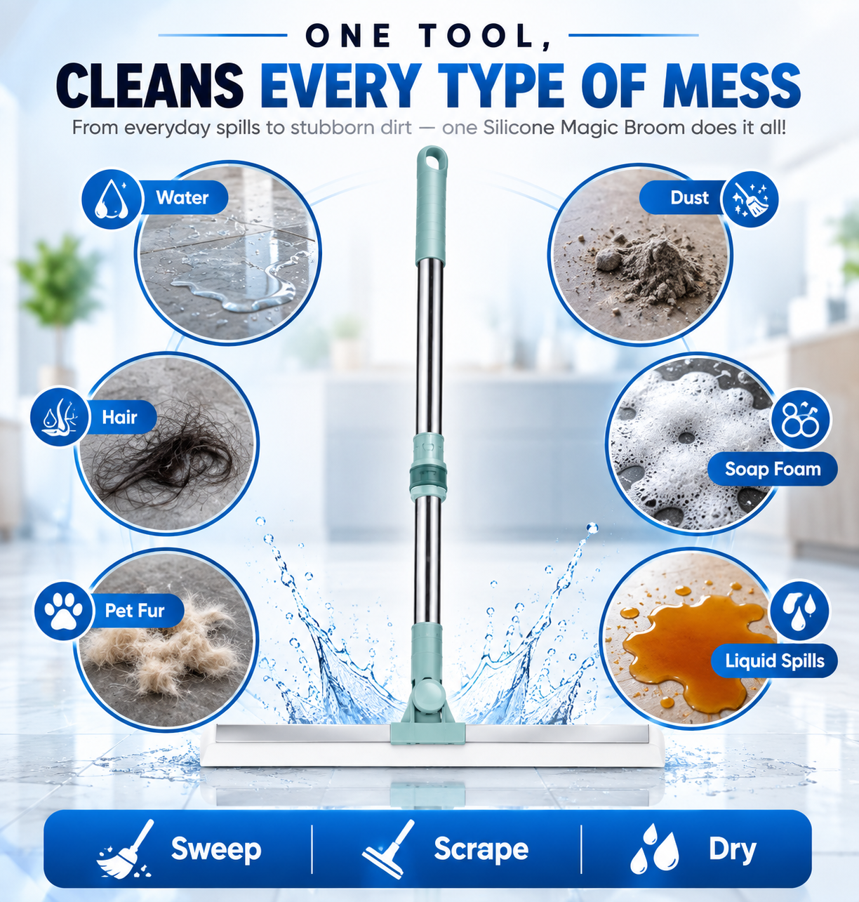 Silicone Magic Broom Floor Wiper 2-in-1 Adjustable Wet & Dry Cleaner