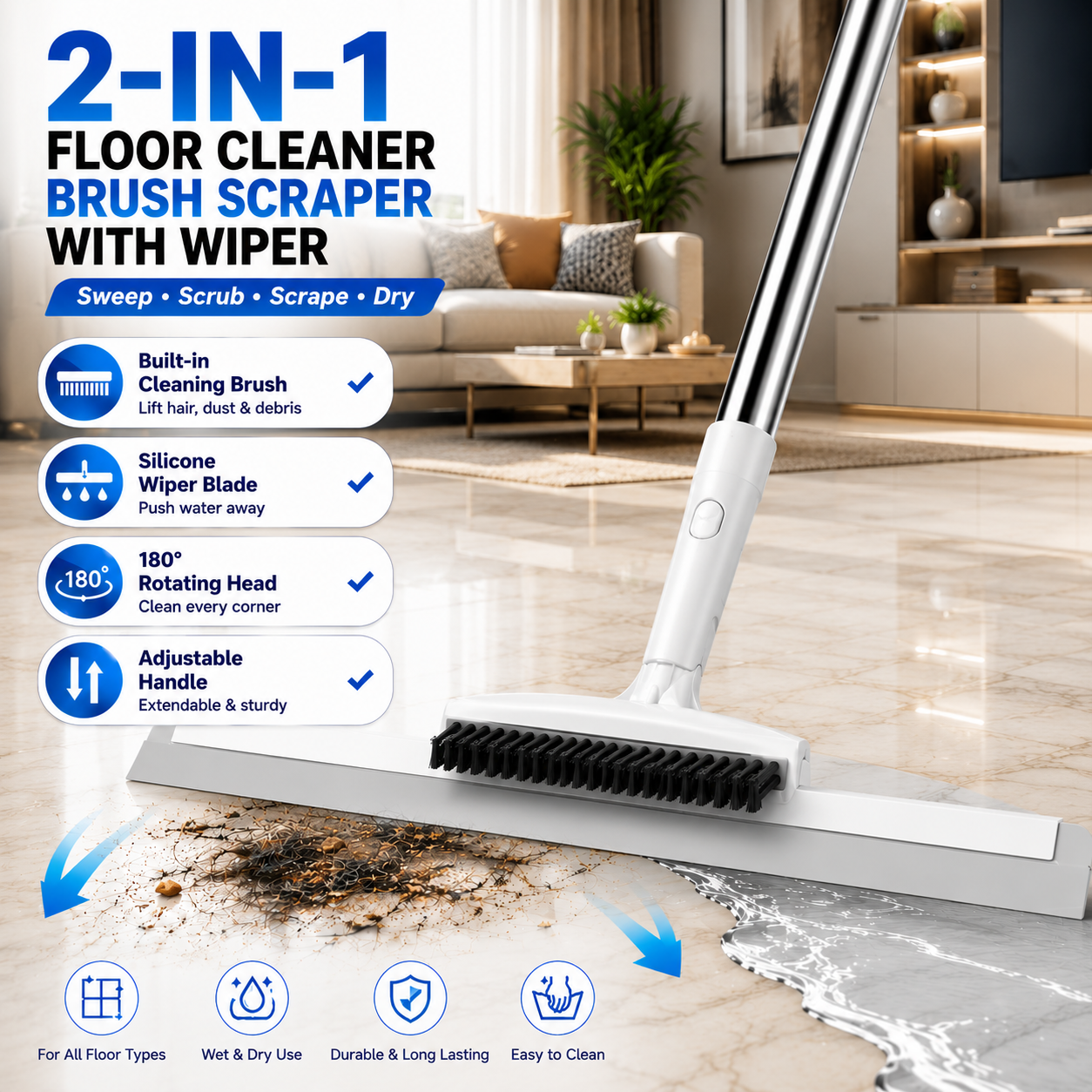2-in-1 Floor Cleaner Brush Scraper with Wiper