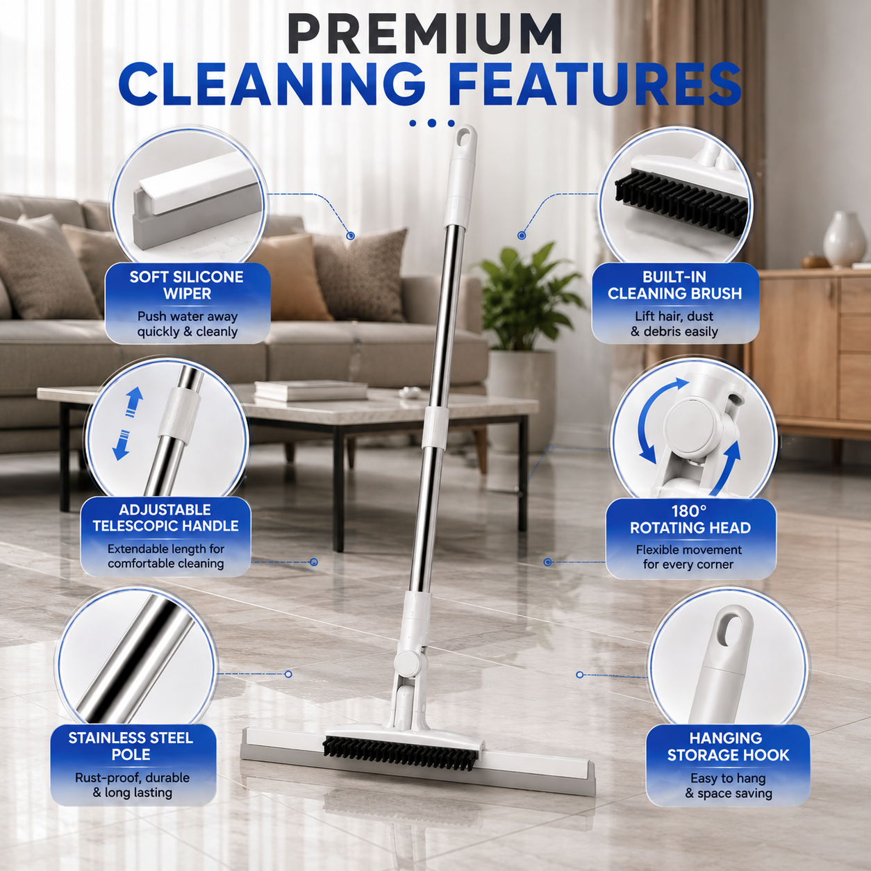 2-in-1 Floor Cleaner Brush Scraper with Wiper