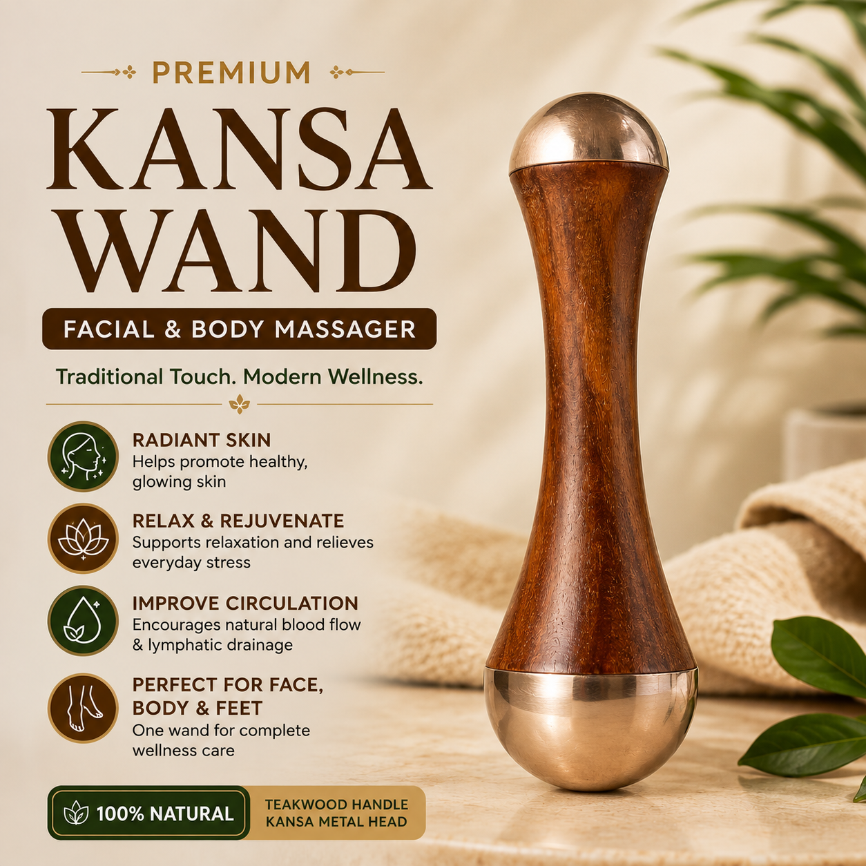 Kansa Wand Facial & Body Massager | Teak Wood Ayurvedic Massage Tool