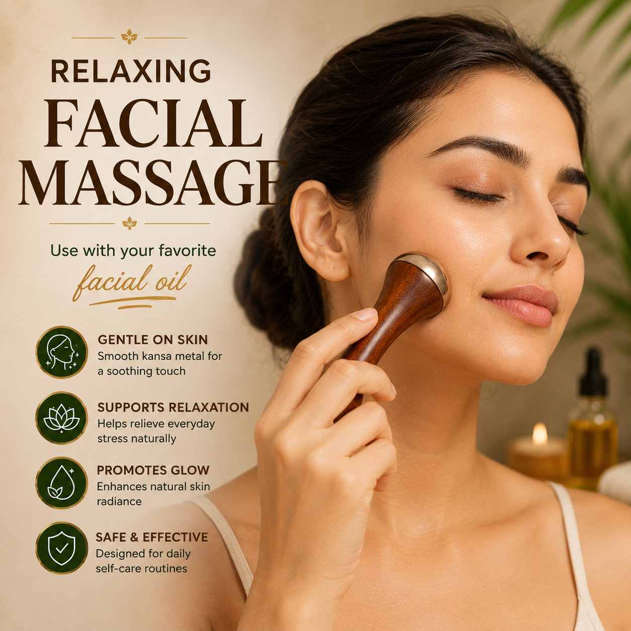 Kansa Wand Facial & Body Massager | Teak Wood Ayurvedic Massage Tool