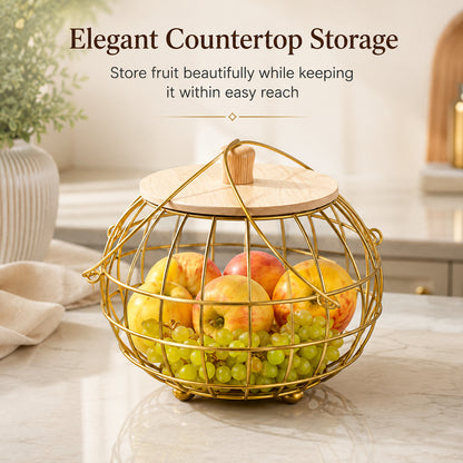 Gold Metal Storage Basket with Wooden Lid & Handles
