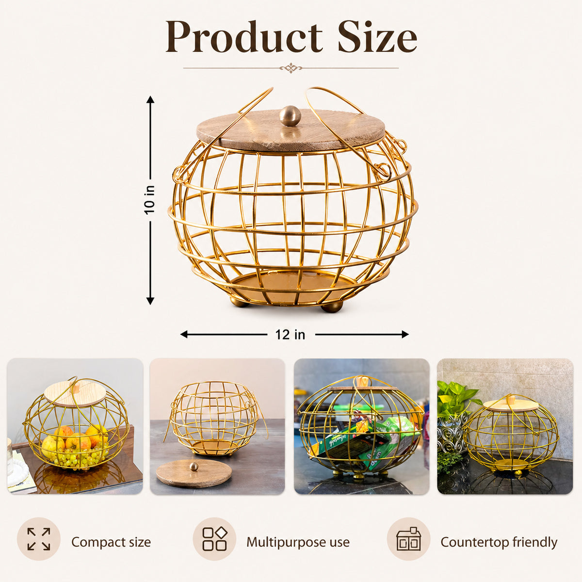 Gold Metal Storage Basket with Wooden Lid & Handles