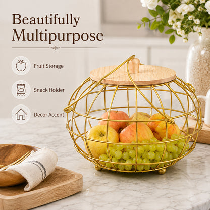 Gold Metal Storage Basket with Wooden Lid & Handles