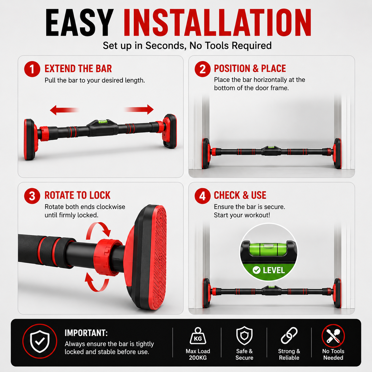 Adjustable No-Drill Doorway Pull Up Bar with Rotating Lock & Level Meter