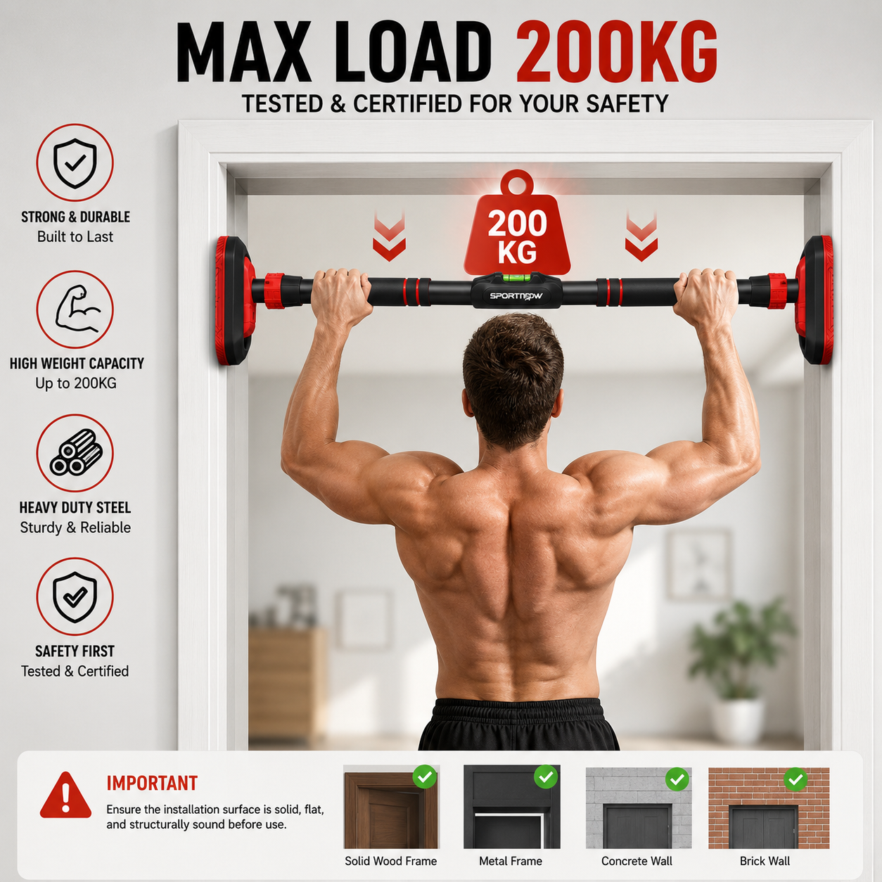 Adjustable No-Drill Doorway Pull Up Bar with Rotating Lock & Level Meter