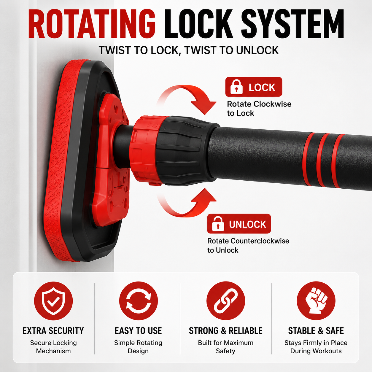 Adjustable No-Drill Doorway Pull Up Bar with Rotating Lock & Level Meter