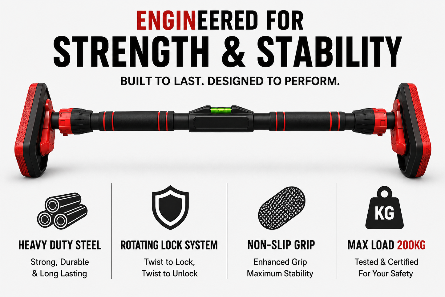 Adjustable No-Drill Doorway Pull Up Bar with Rotating Lock & Level Meter