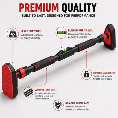Adjustable No-Drill Doorway Pull Up Bar with Rotating Lock & Level Meter