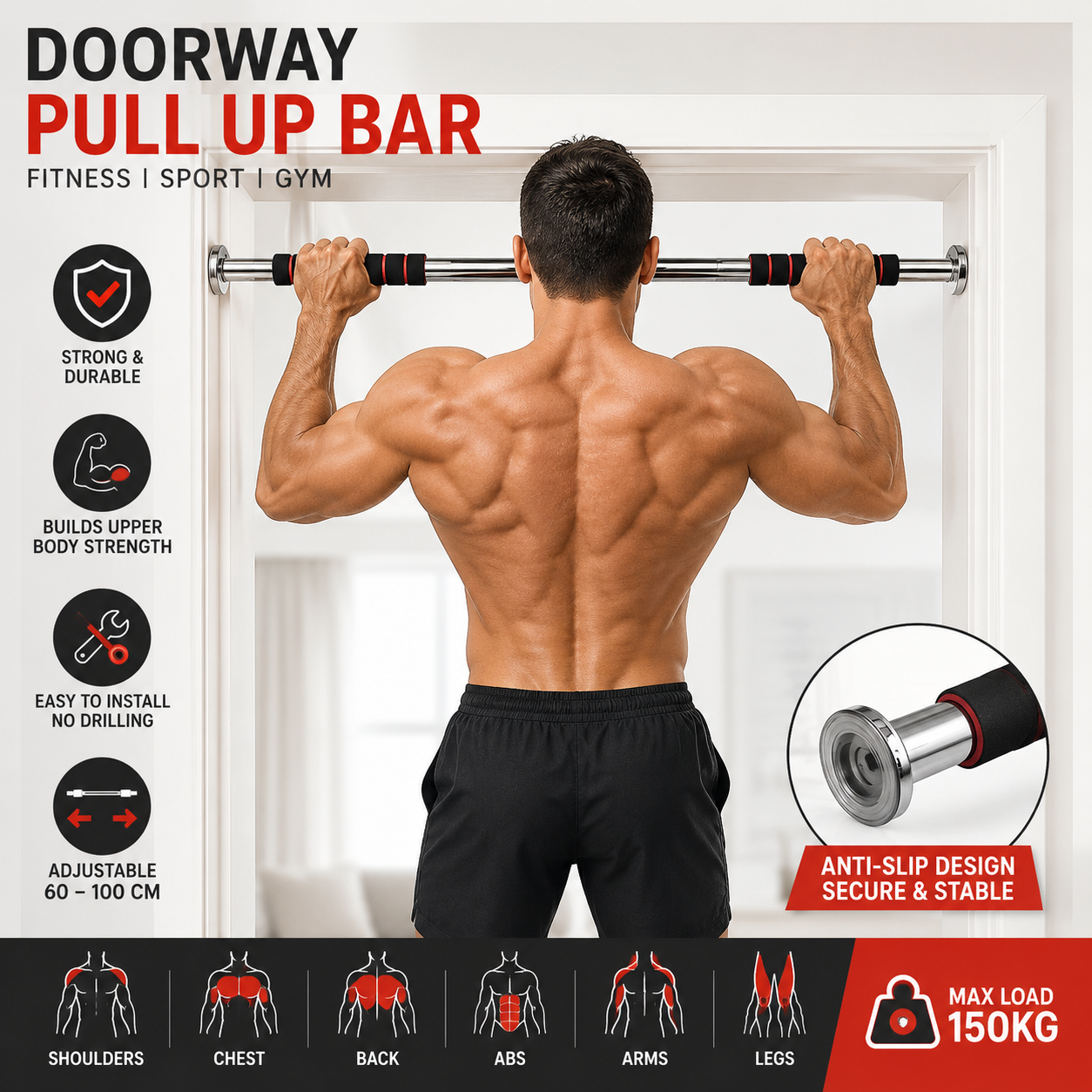Doorway Pull Up Bar - Adjustable Home Gym Fitness Bar (60-100cm)