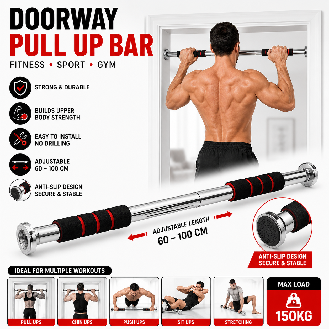Doorway Pull Up Bar - Adjustable Home Gym Fitness Bar (60-100cm)