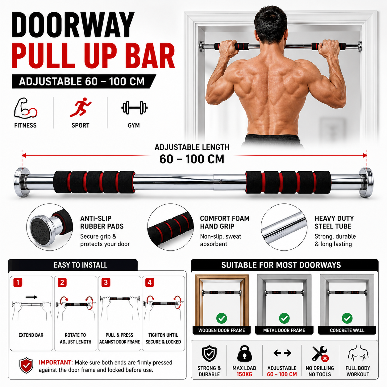 Doorway Pull Up Bar - Adjustable Home Gym Fitness Bar (60-100cm)
