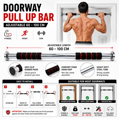 Doorway Pull Up Bar - Adjustable Home Gym Fitness Bar (60-100cm)
