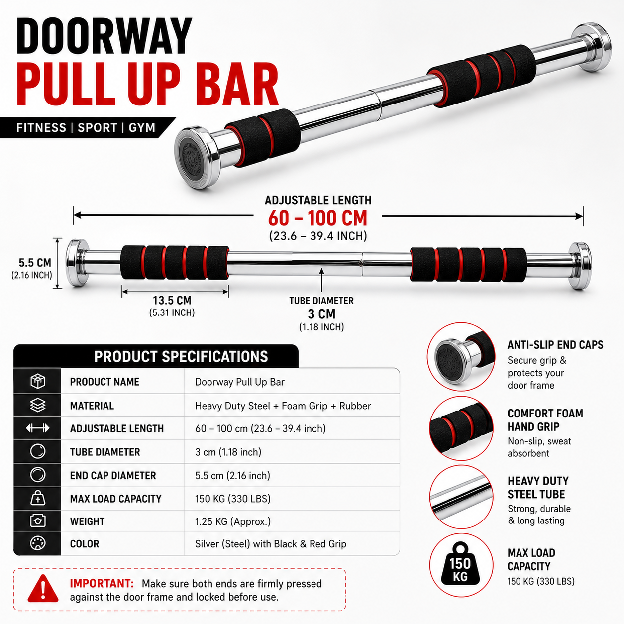 Doorway Pull Up Bar - Adjustable Home Gym Fitness Bar (60-100cm)