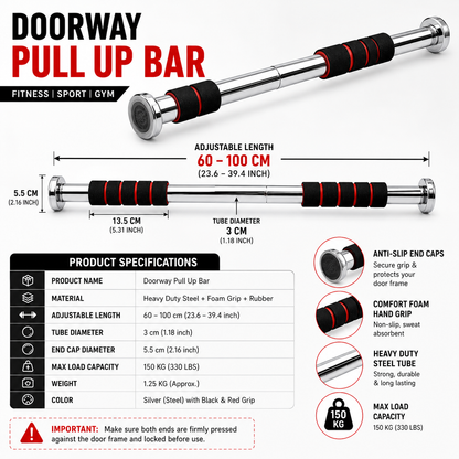 Doorway Pull Up Bar - Adjustable Home Gym Fitness Bar (60-100cm)