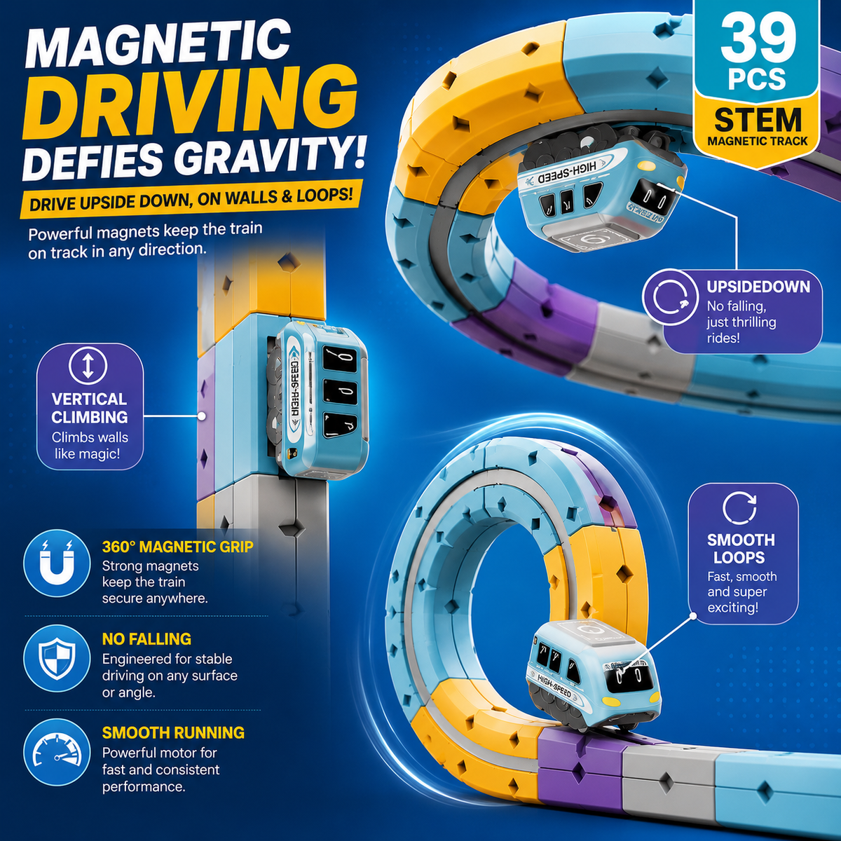 39 PCS Magnetic Train Track Set for Kids | STEM Educational Magnetic Racing Track with Rechargeable Train | DIY Toy
