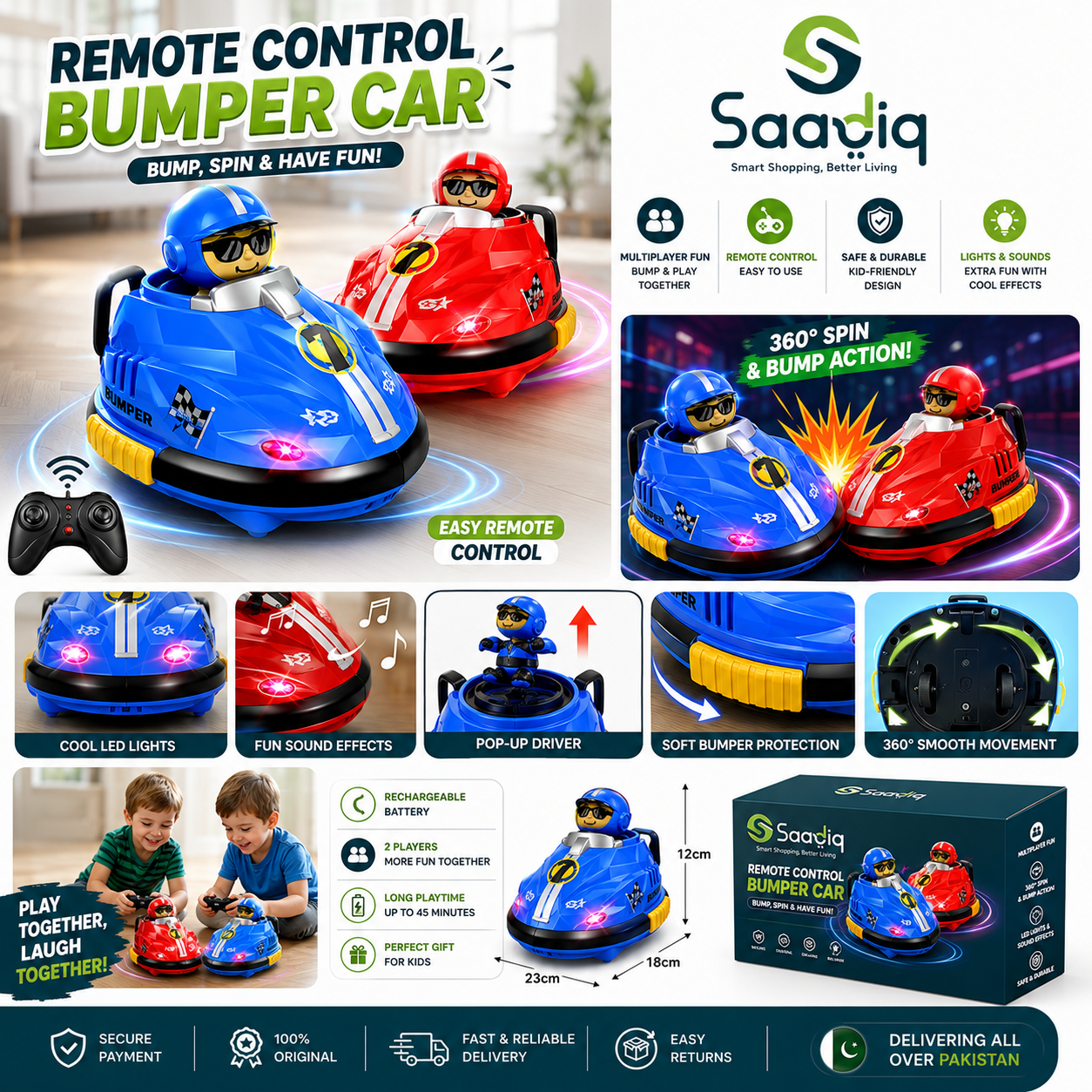 Multiplayer RC Bumper Cars for Kids – 2 Remote Control Cars with Pop-Up Drivers, Lights & Sounds