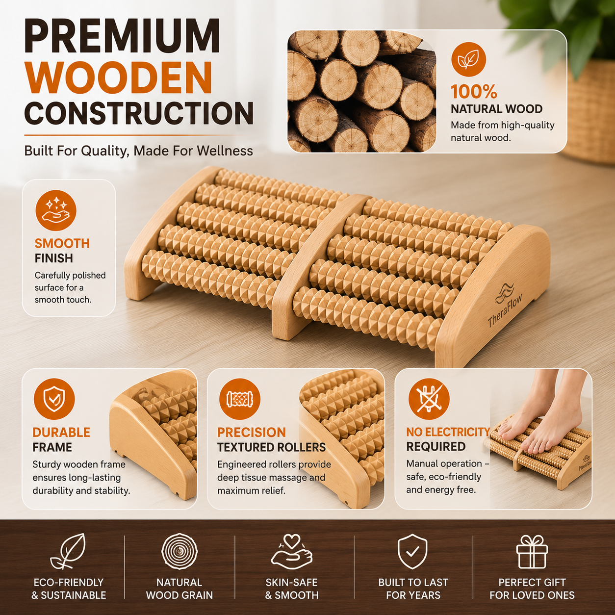 Wooden Foot Massage Roller | Natural Wooden Foot Roller for Daily Relaxation & Comfort