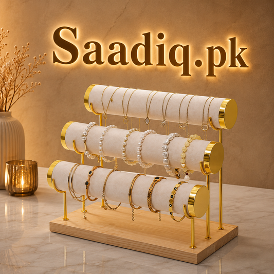 3-Tier Velvet Jewelry Organizer Stand with Wooden Base | Display Holder